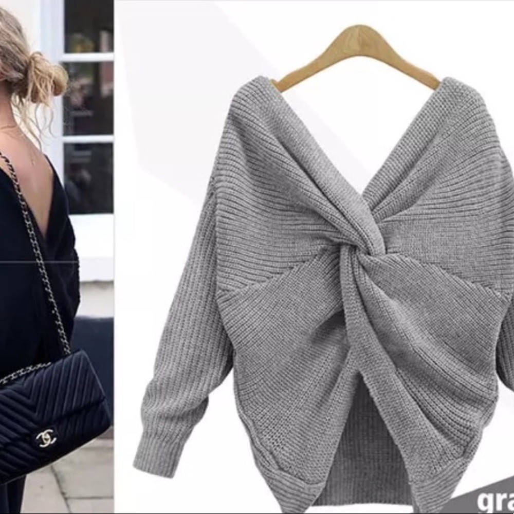 1 Left! Twist Knot Back Fall Sweater In Grey - Picture 2 of 6